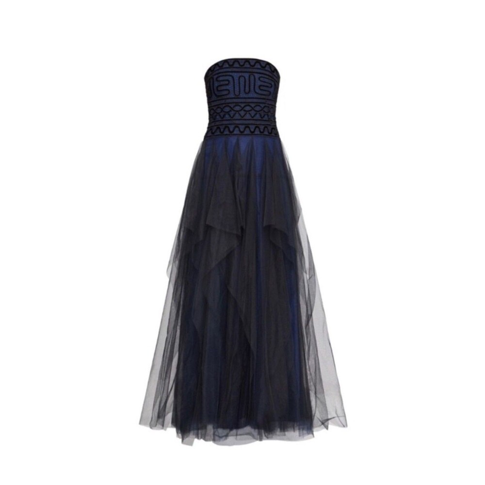BCBGMAXAZRIA Velvet Embroidered Tulle Midi Dress Strapless Navy Black Women’s 4 - Picture 2 of 9